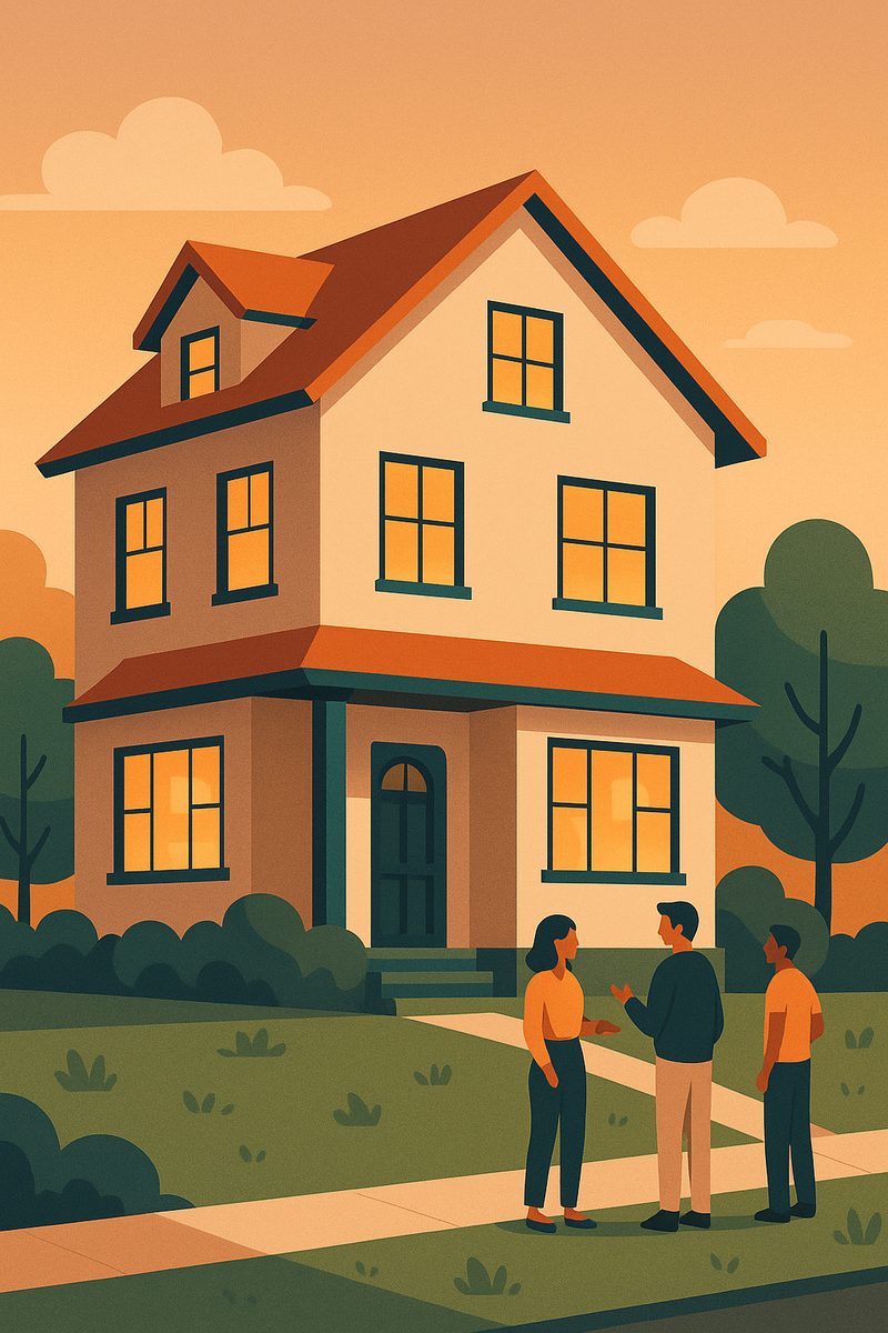 Three young people chatting outside a large shared house at sunset